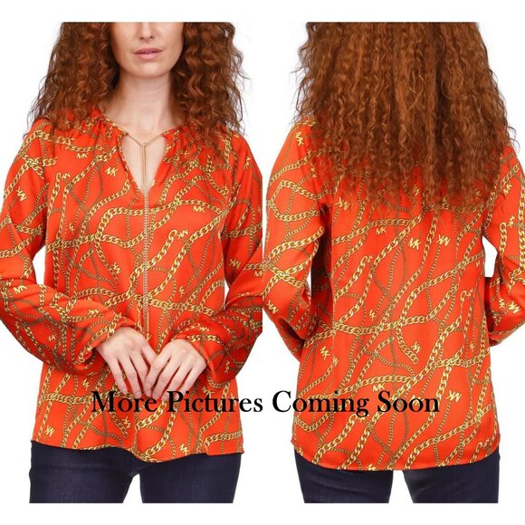 MICHAEL Michael Kors Logo Orange Chain Print Casual Long Sleeve Top XS - Picture 4 of 6